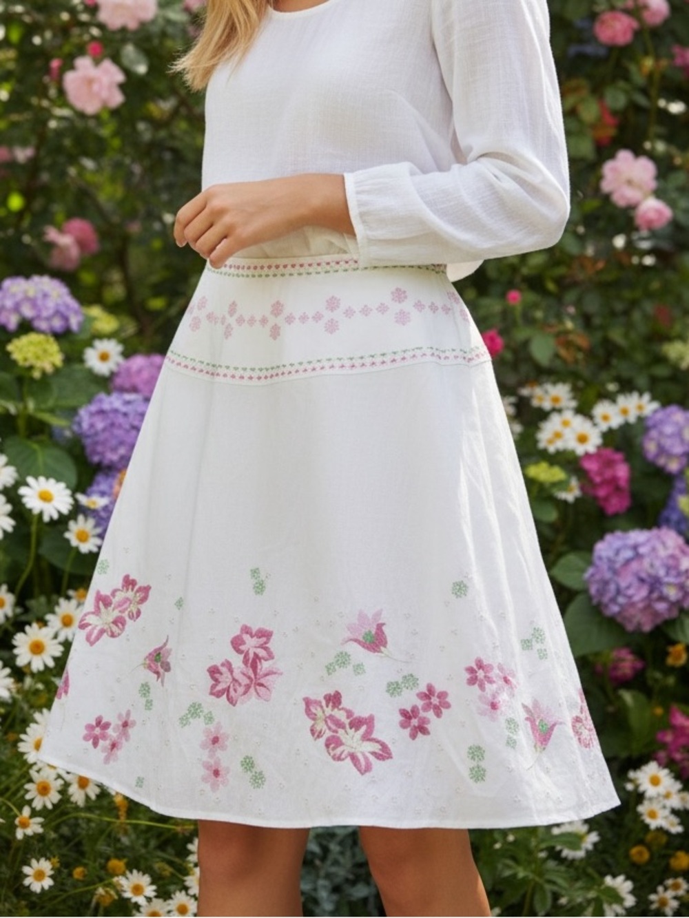 dressbarn White A-Line Skirt with Pink and Green Floral Embroidery - Picture 1 of 9
